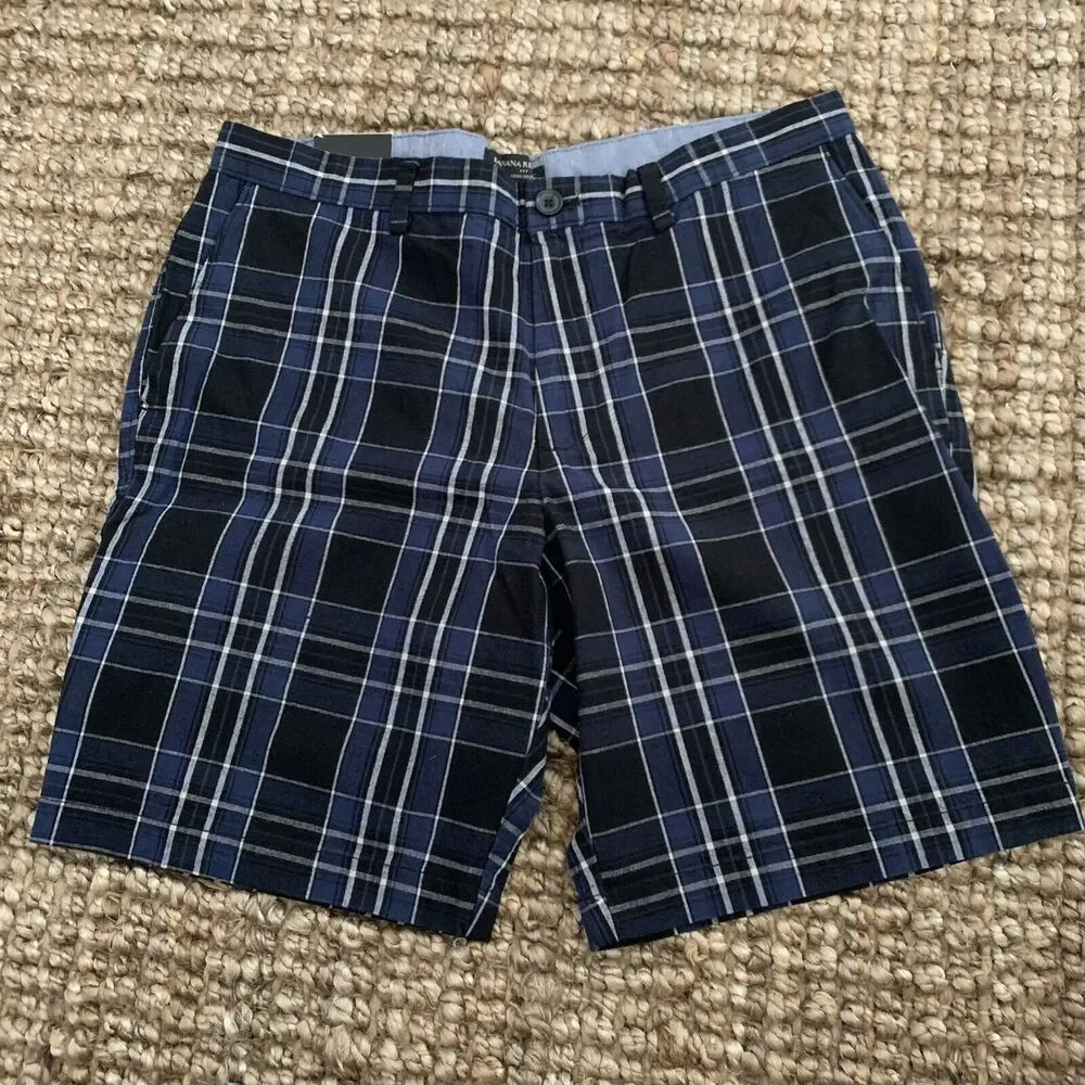 Banana Republic Aiden Short Slim Fit Blue Plaid Flat Front Mens 35 10” Ins NEW